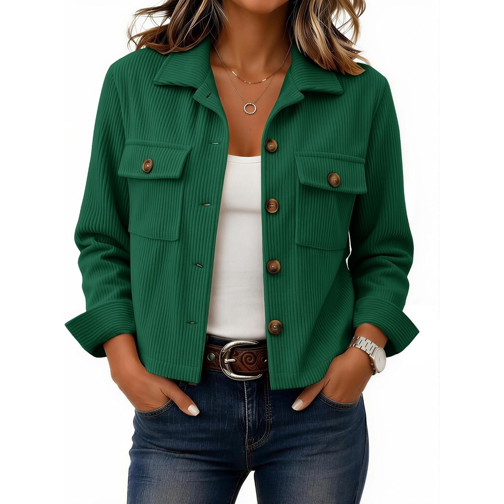 image:imageZeagoo Womens Fashion Cropped Jacket Corduroy Button Down Long Sleeve CoatsDark Green
