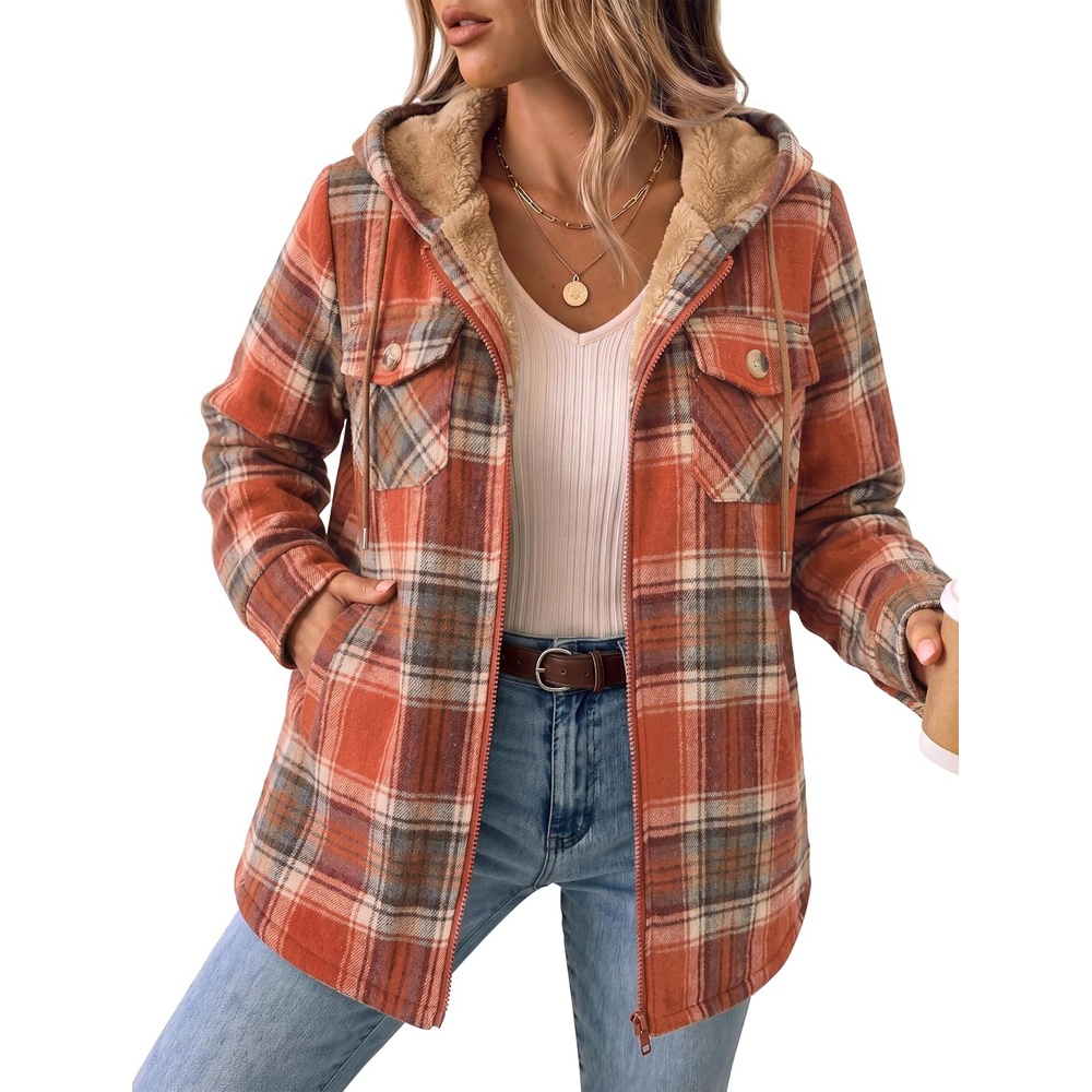 image:imageZeagoo Womens Flannel Jacket Plaid Fleece Lined Shacket Hooded Winter Coats3orange Gz867