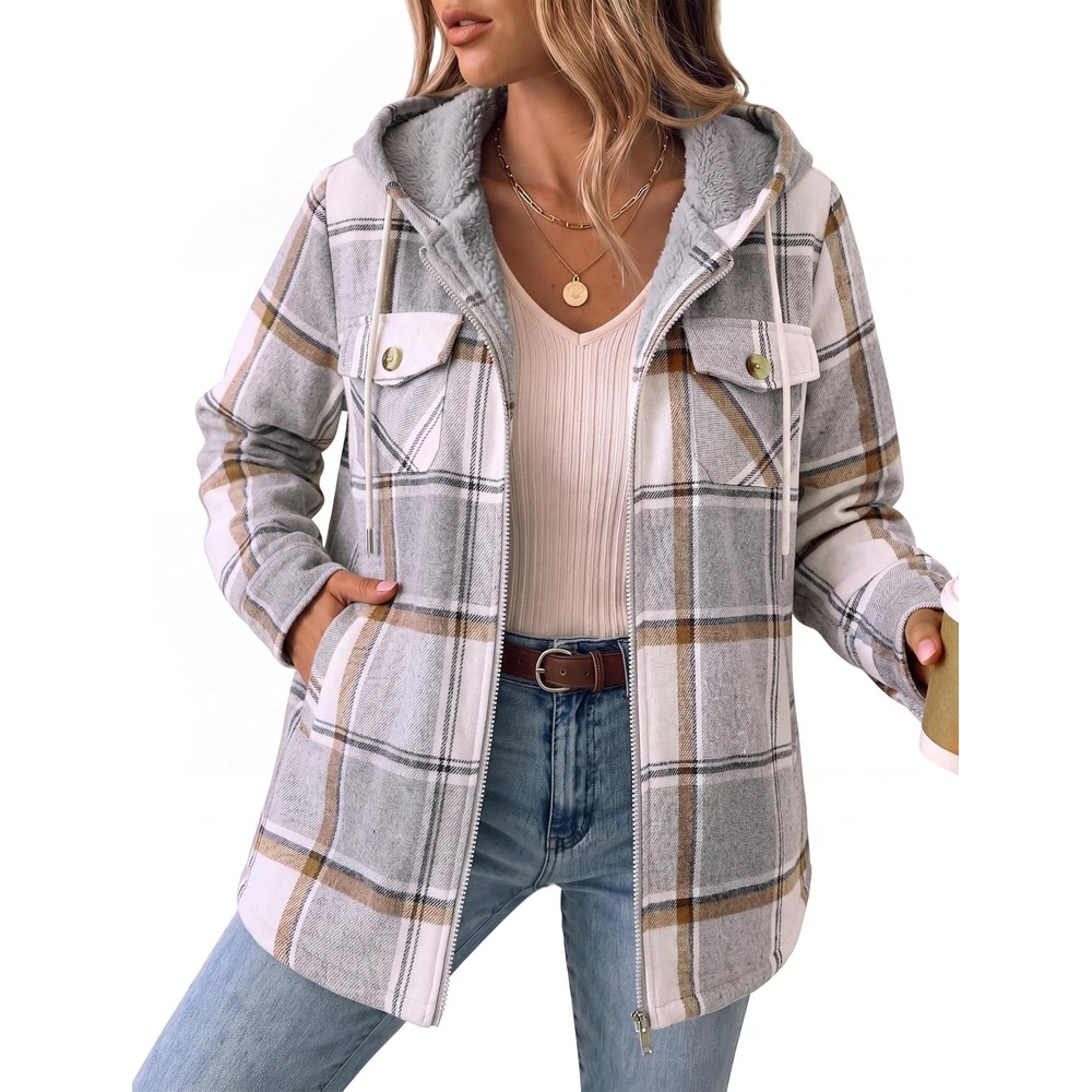 image:imageZeagoo Womens Flannel Jacket Plaid Fleece Lined Shacket Hooded Winter CoatsGrey Gw568