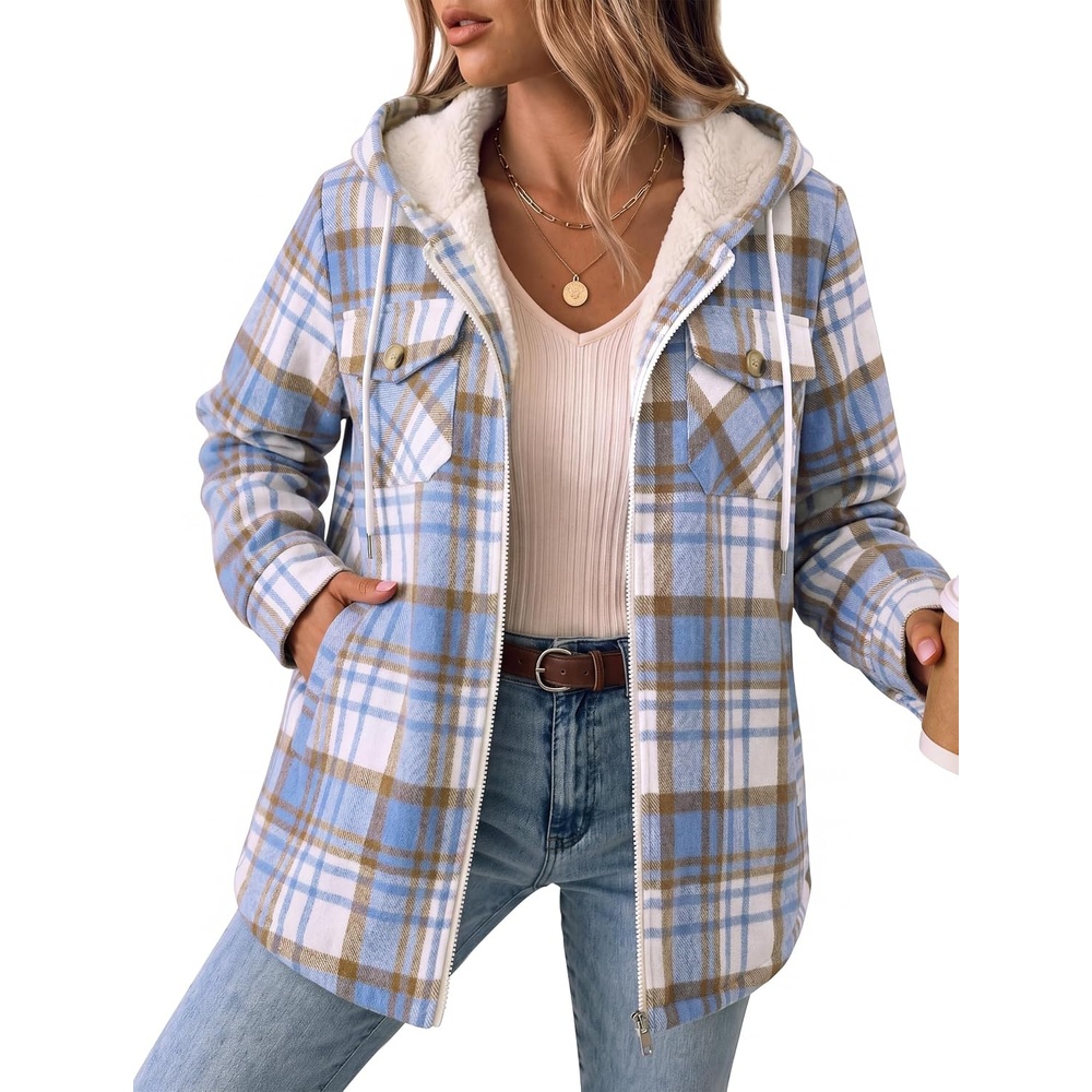 image:imageZeagoo Womens Flannel Jacket Plaid Fleece Lined Shacket Hooded Winter CoatsLight Blue Gz866