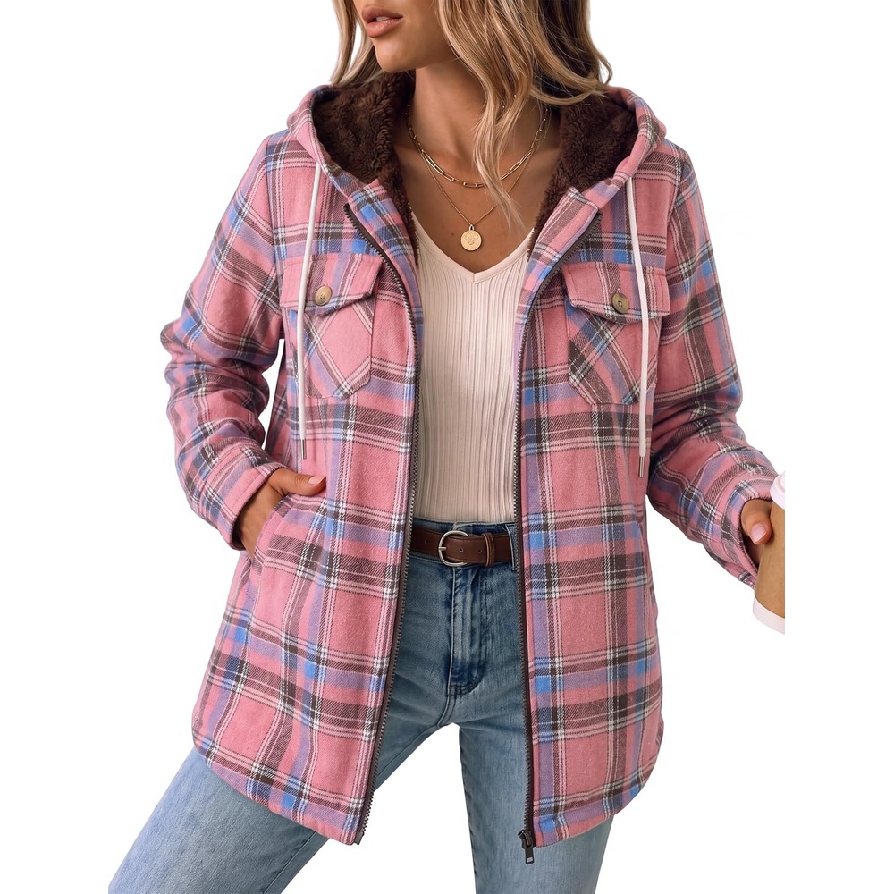 image:imageZeagoo Womens Flannel Jacket Plaid Fleece Lined Shacket Hooded Winter CoatsPink Gw571