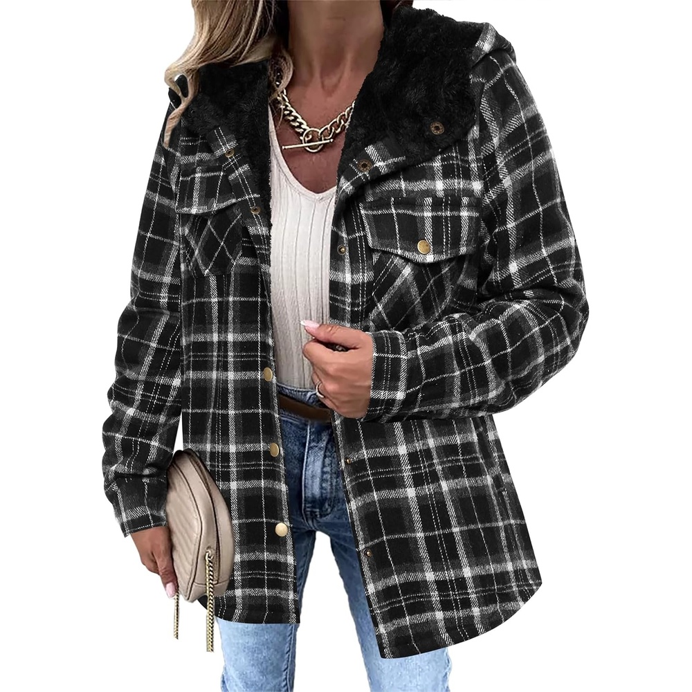 image:imageZeagoo Womens Flannel Plaid Jacket Fleece Lined Shacket Hooded Warm CoatBlack