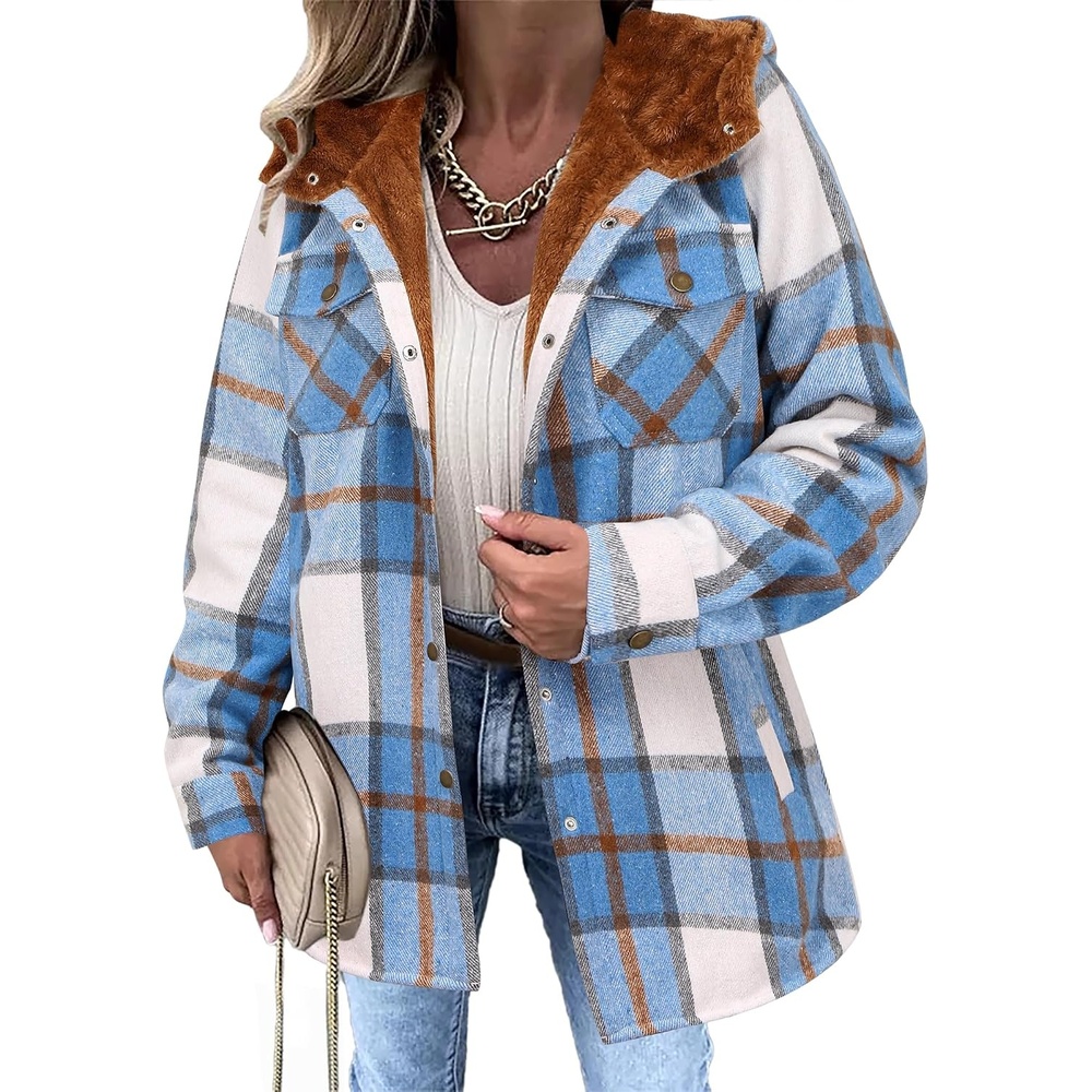 image:imageZeagoo Womens Flannel Plaid Jacket Fleece Lined Shacket Hooded Warm CoatBlue