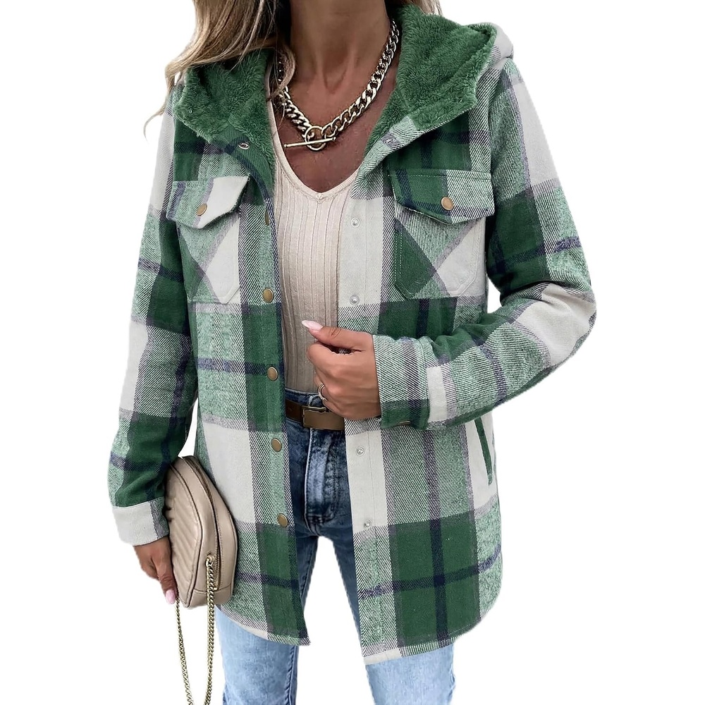image:imageZeagoo Womens Flannel Plaid Jacket Fleece Lined Shacket Hooded Warm CoatGreen Plaid