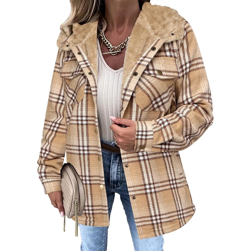 image:imageZeagoo Womens Flannel Plaid Jacket Fleece Lined Shacket Hooded Warm CoatKhaki