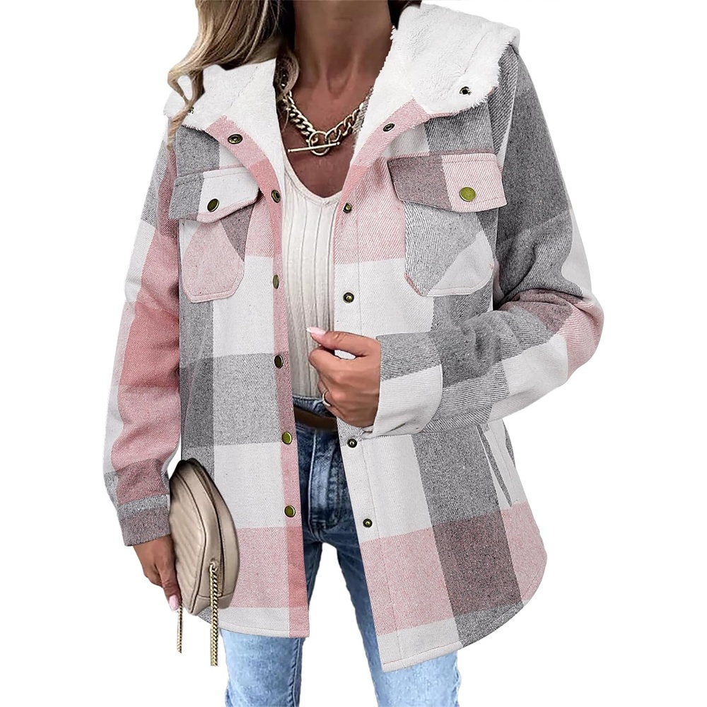 image:imageZeagoo Womens Flannel Plaid Jacket Fleece Lined Shacket Hooded Warm CoatLight Pink Plaid