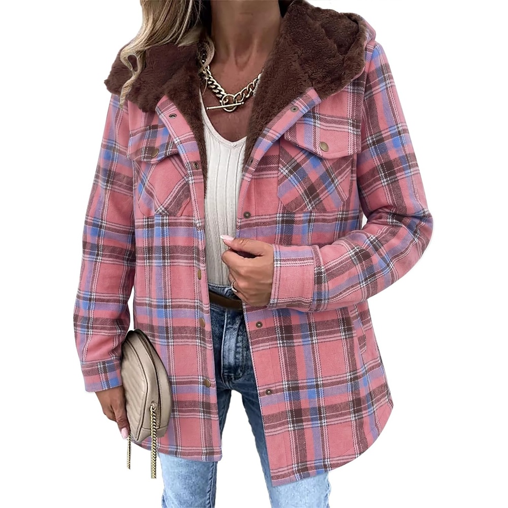 image:imageZeagoo Womens Flannel Plaid Jacket Fleece Lined Shacket Hooded Warm CoatPinkgw571