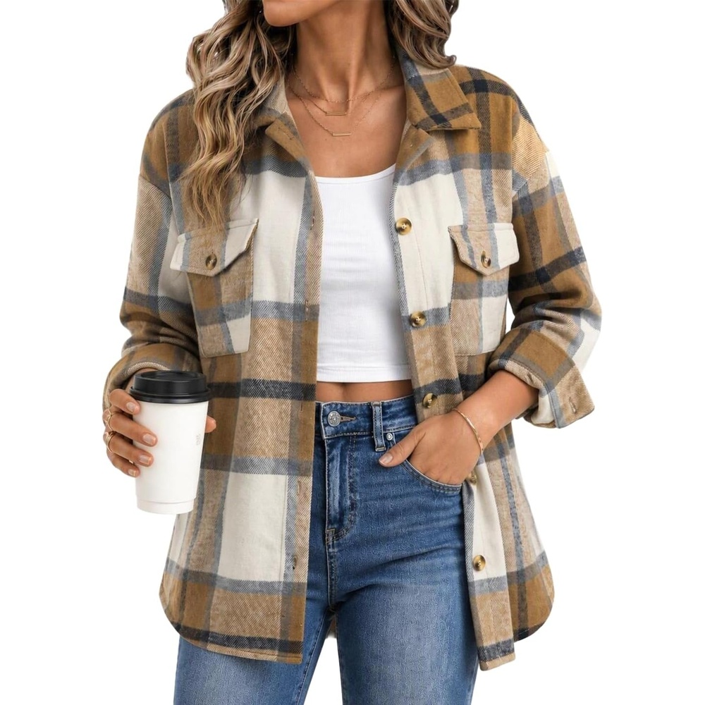 image:imageZeagoo Womens Flannel Plaid Shacket Long Sleeve Button Down Jacket S2XLAkhaki