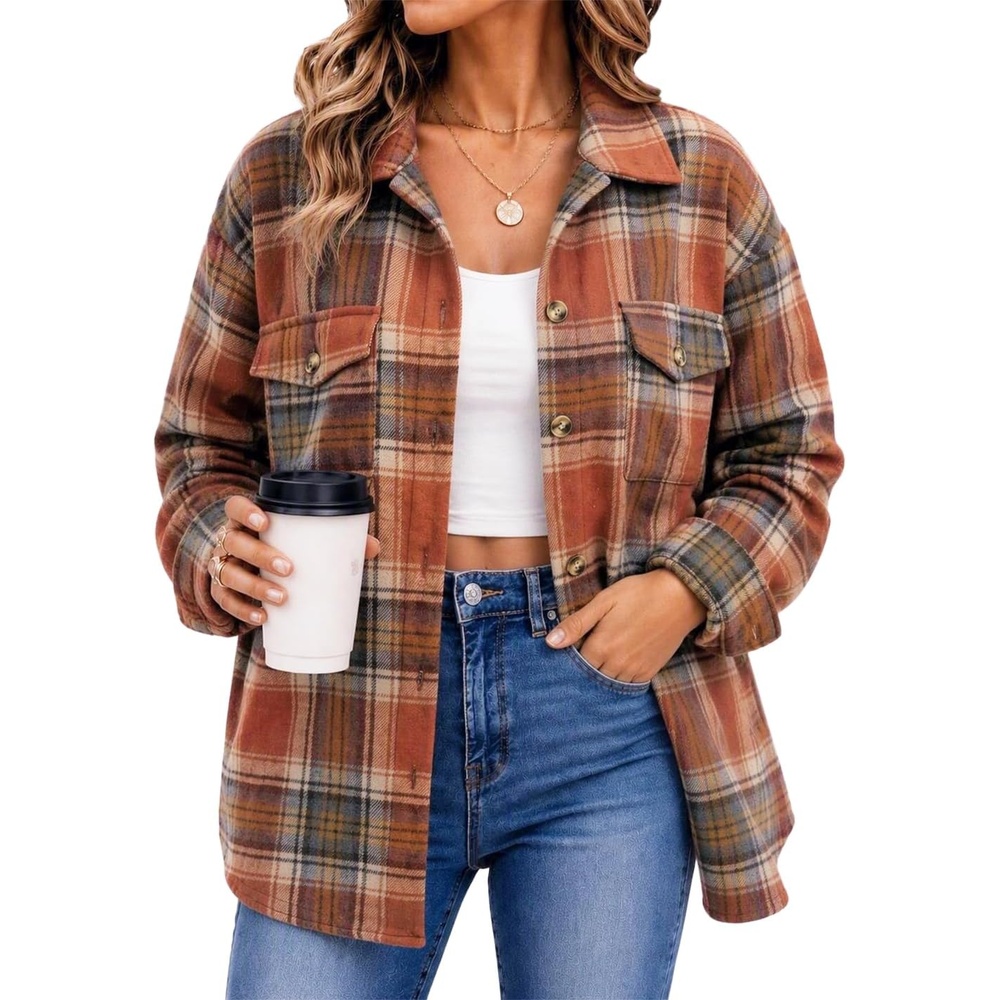 image:imageZeagoo Womens Flannel Plaid Shacket Long Sleeve Button Down Jacket S2XLAorange