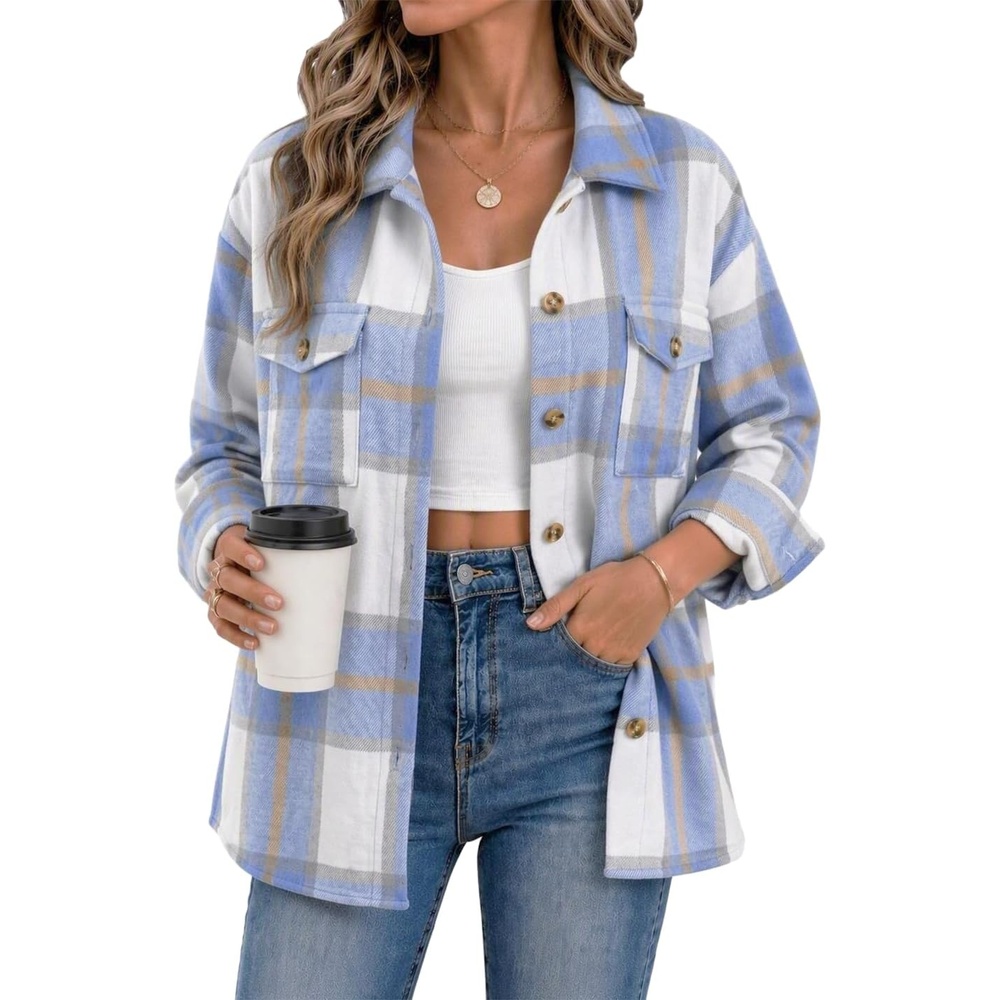 image:imageZeagoo Womens Flannel Plaid Shacket Long Sleeve Button Down Jacket S2XLBlue