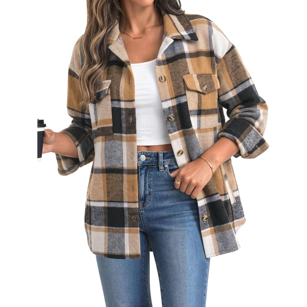 image:imageZeagoo Womens Flannel Plaid Shacket Long Sleeve Button Down Jacket S2XLBrown