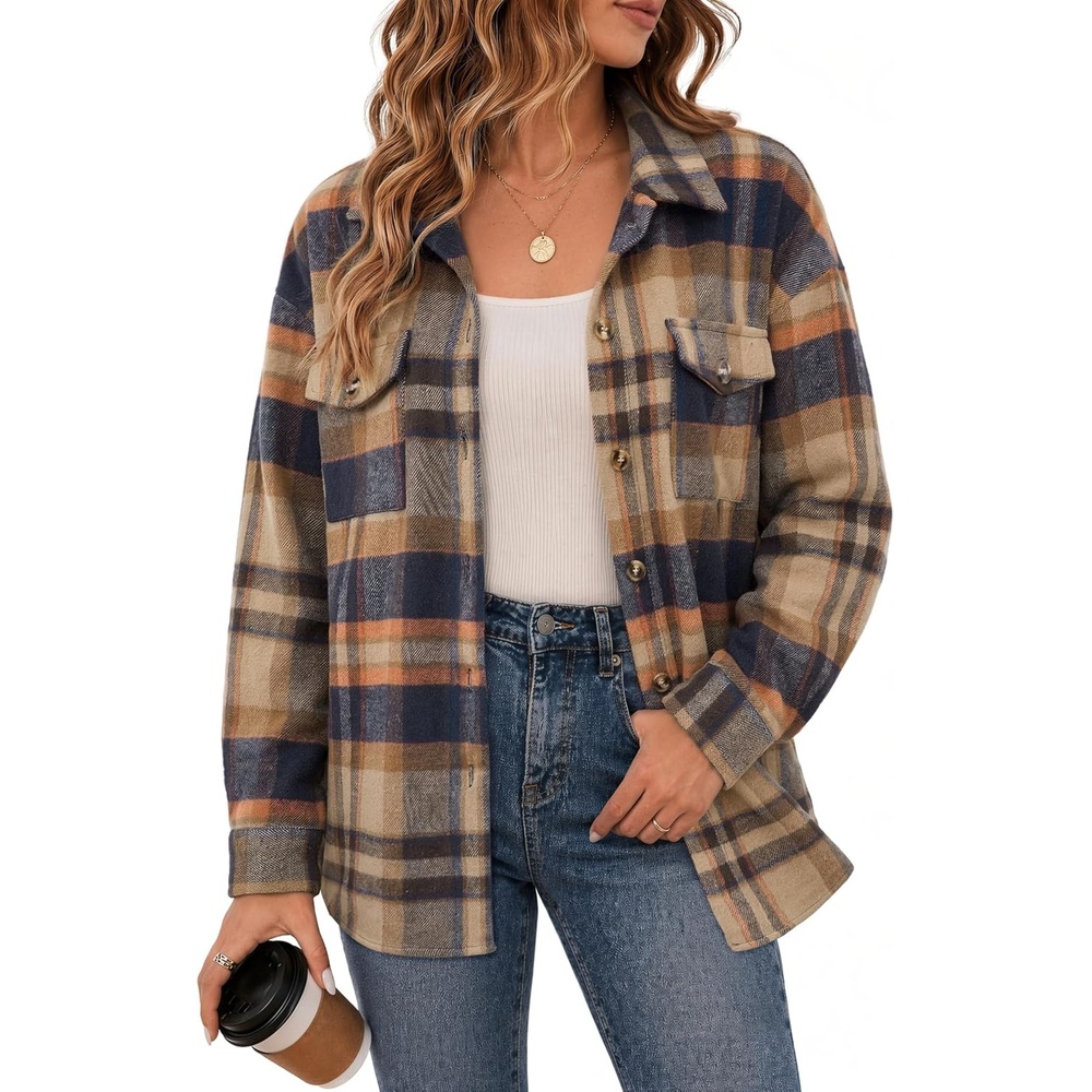 image:imageZeagoo Womens Flannel Plaid Shacket Long Sleeve Button Down Jacket S2XLBrownblue