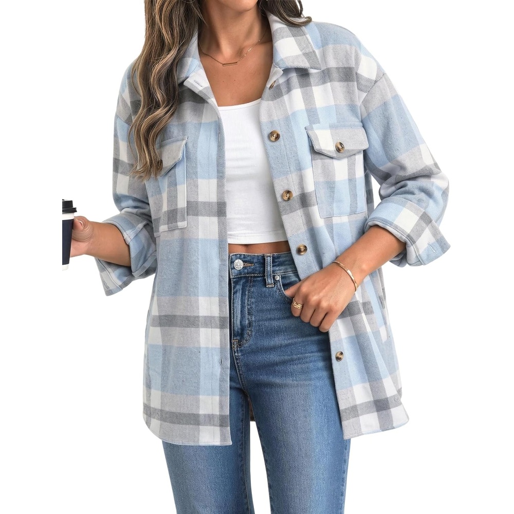 image:imageZeagoo Womens Flannel Plaid Shacket Long Sleeve Button Down Jacket S2XLGrayblue