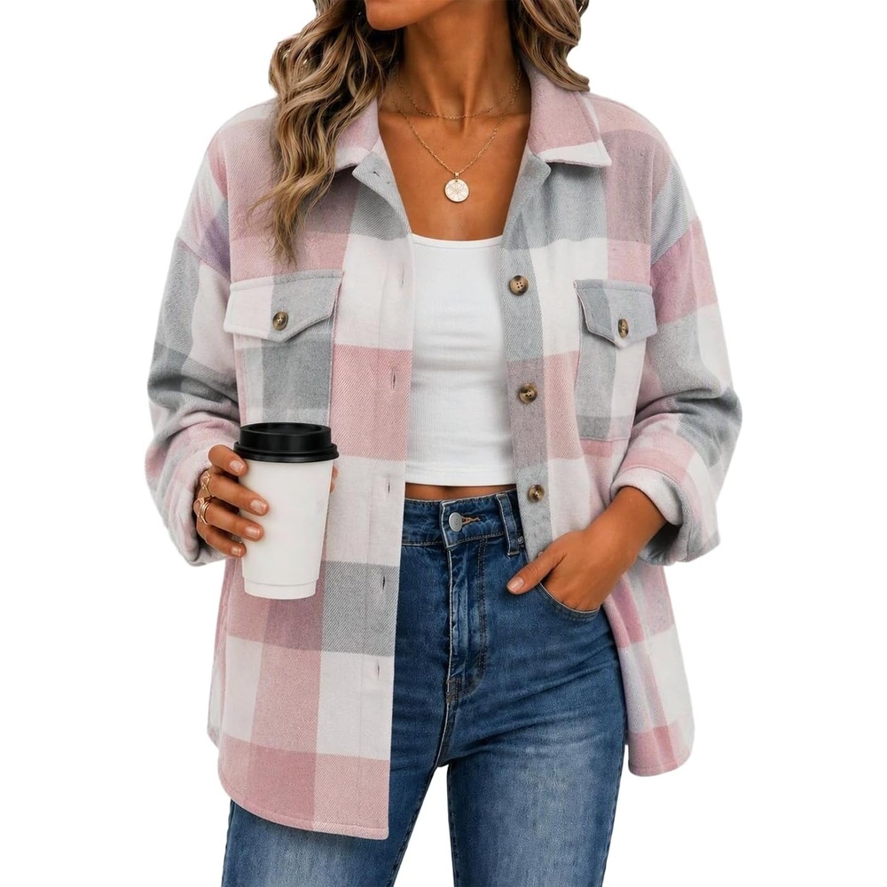 image:imageZeagoo Womens Flannel Plaid Shacket Long Sleeve Button Down Jacket S2XLPink
