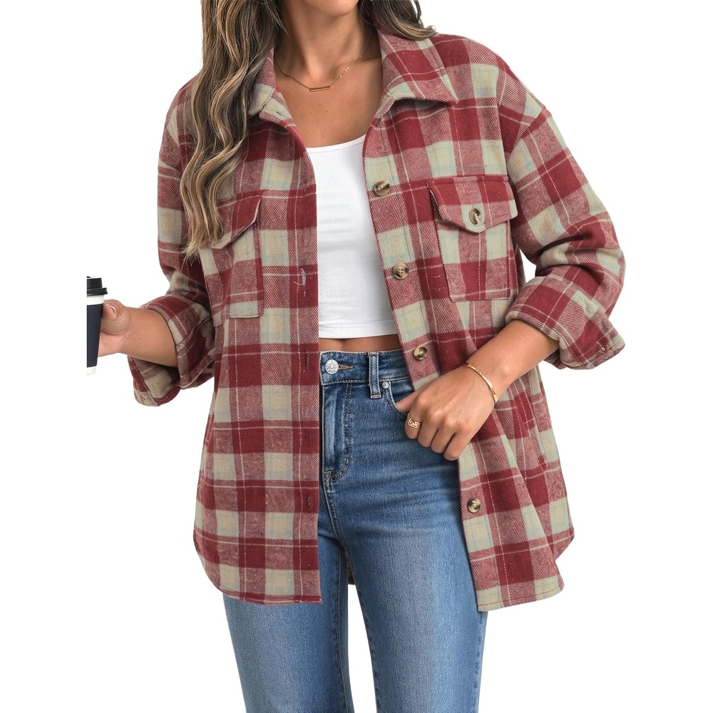 image:imageZeagoo Womens Flannel Plaid Shacket Long Sleeve Button Down Jacket S2XLRed