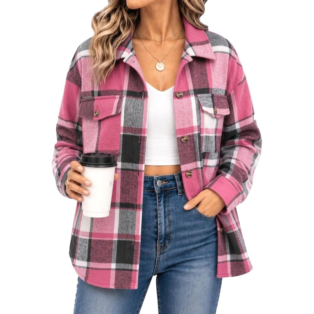 image:imageZeagoo Womens Flannel Plaid Shacket Long Sleeve Button Down Jacket S2XLRose