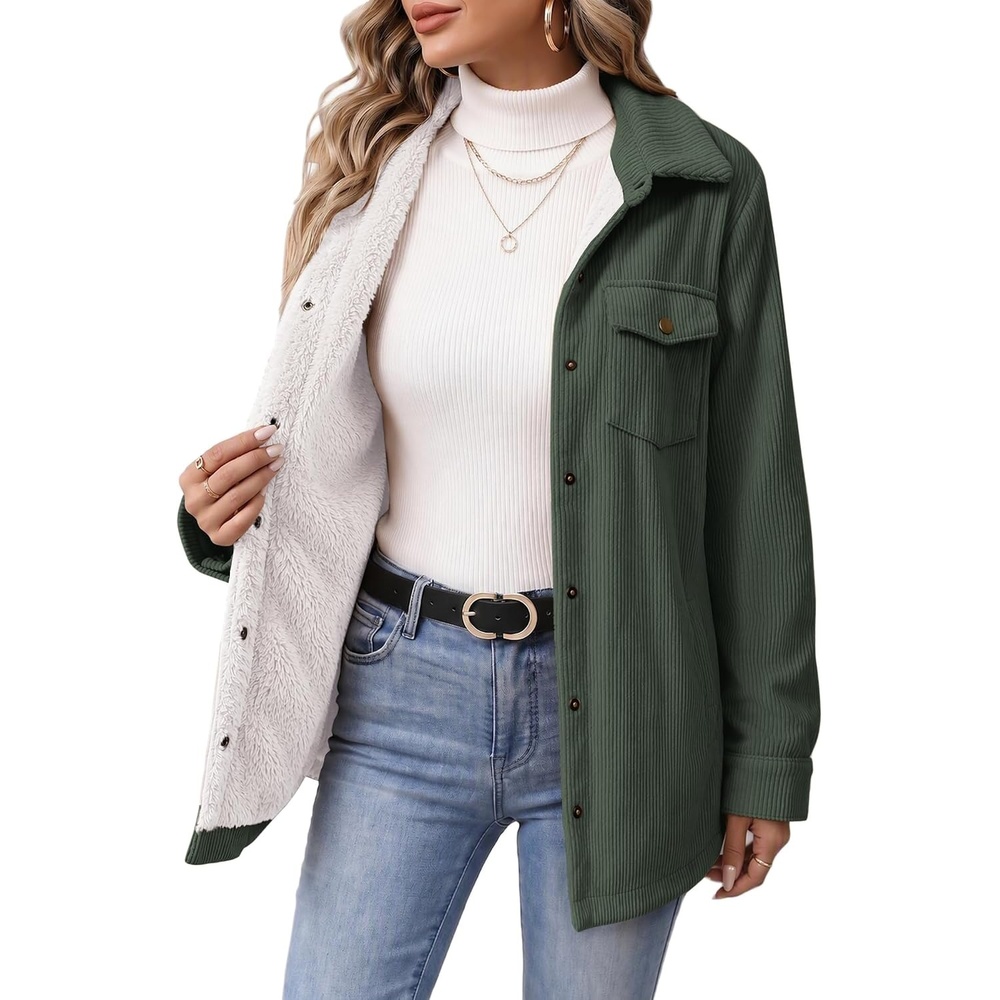 image:imageZeagoo Womens Fleece Jackets Corduroy Shackets Snap Casual Fall CoatArmy Green