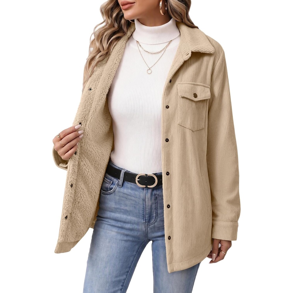 image:imageZeagoo Womens Fleece Jackets Corduroy Shackets Snap Casual Fall CoatBeige