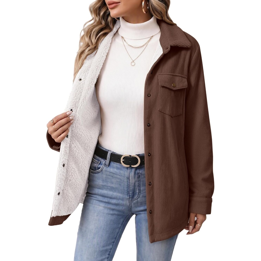 image:imageZeagoo Womens Fleece Jackets Corduroy Shackets Snap Casual Fall CoatBrown
