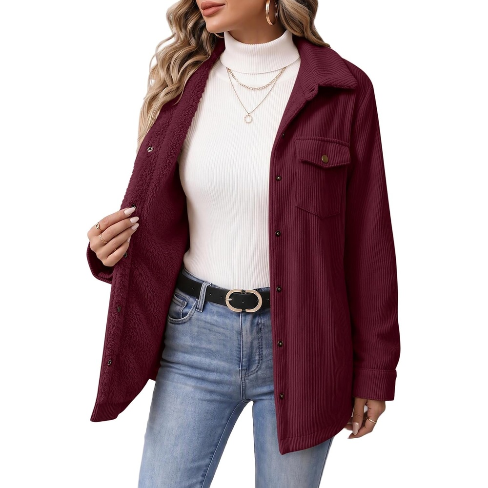 image:imageZeagoo Womens Fleece Jackets Corduroy Shackets Snap Casual Fall CoatDark Red