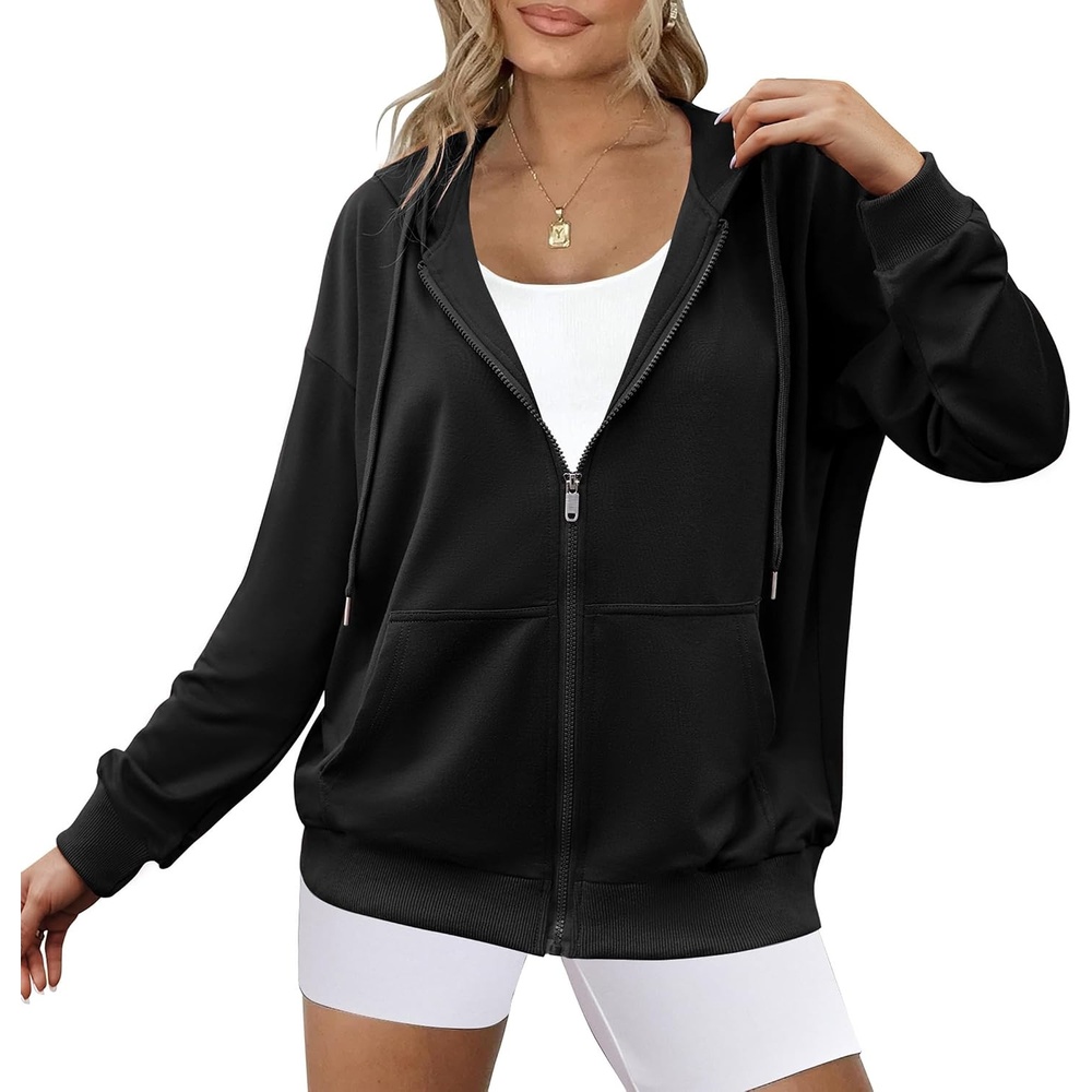 image:imageZeagoo Womens Lightweight Hoodies Full Zip Up Oversized Sweatshirt TrendyBlack