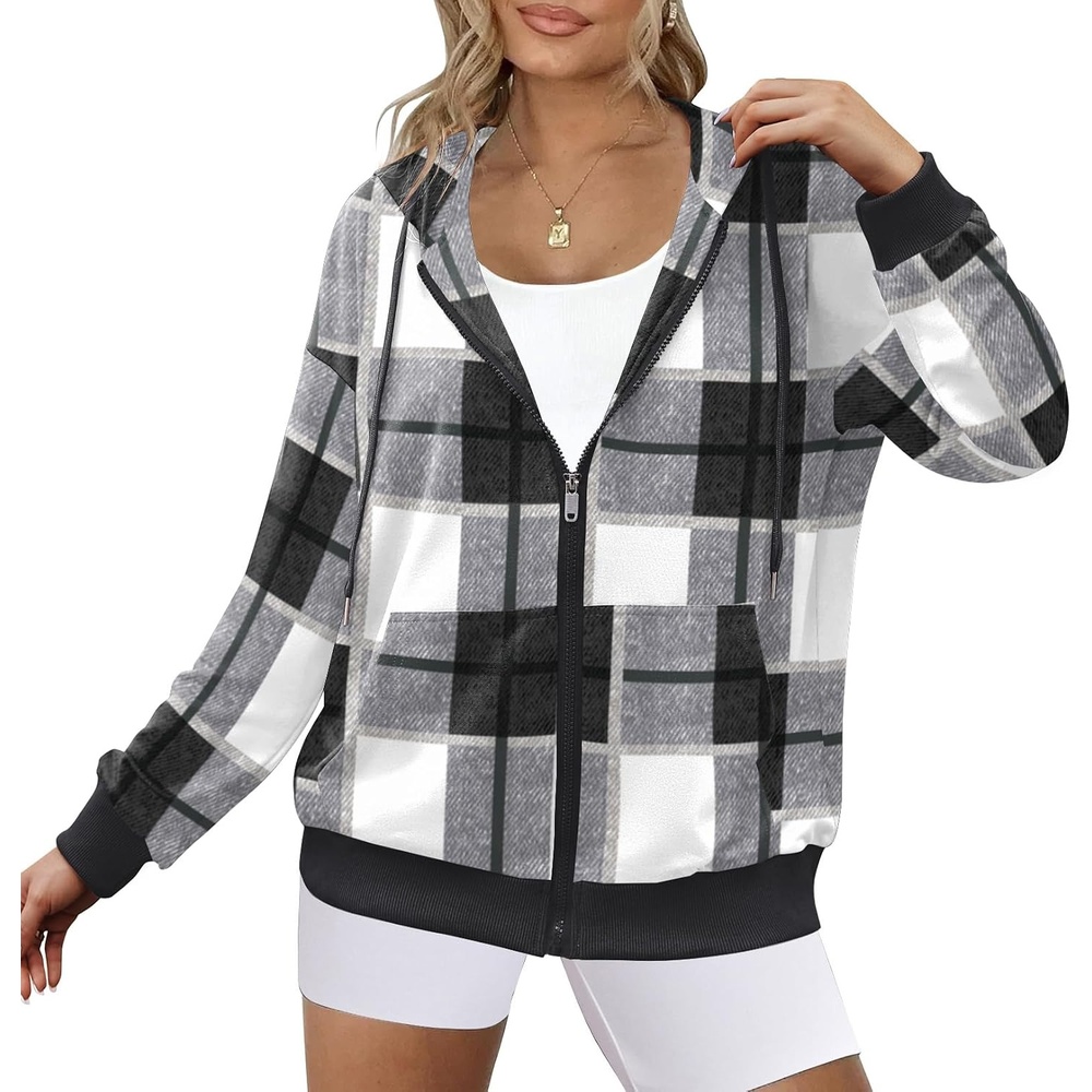 image:imageZeagoo Womens Lightweight Hoodies Full Zip Up Oversized Sweatshirt TrendyBlack White Plaid