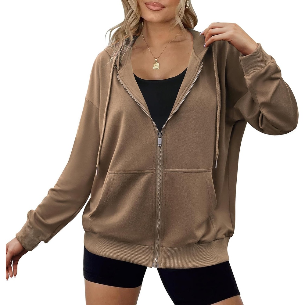 image:imageZeagoo Womens Lightweight Hoodies Full Zip Up Oversized Sweatshirt TrendyBrown