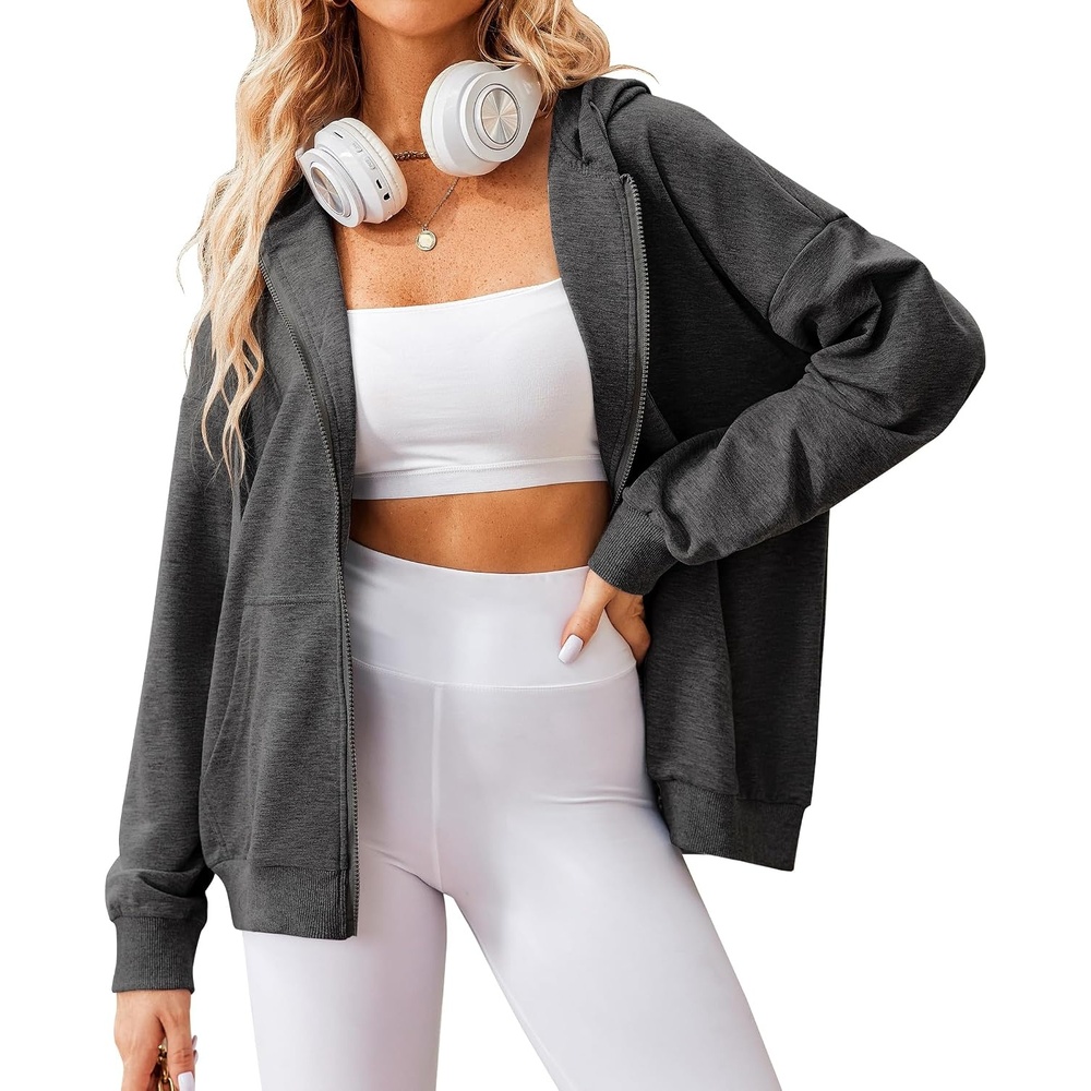image:imageZeagoo Womens Lightweight Hoodies Full Zip Up Oversized Sweatshirt TrendyDark Grey