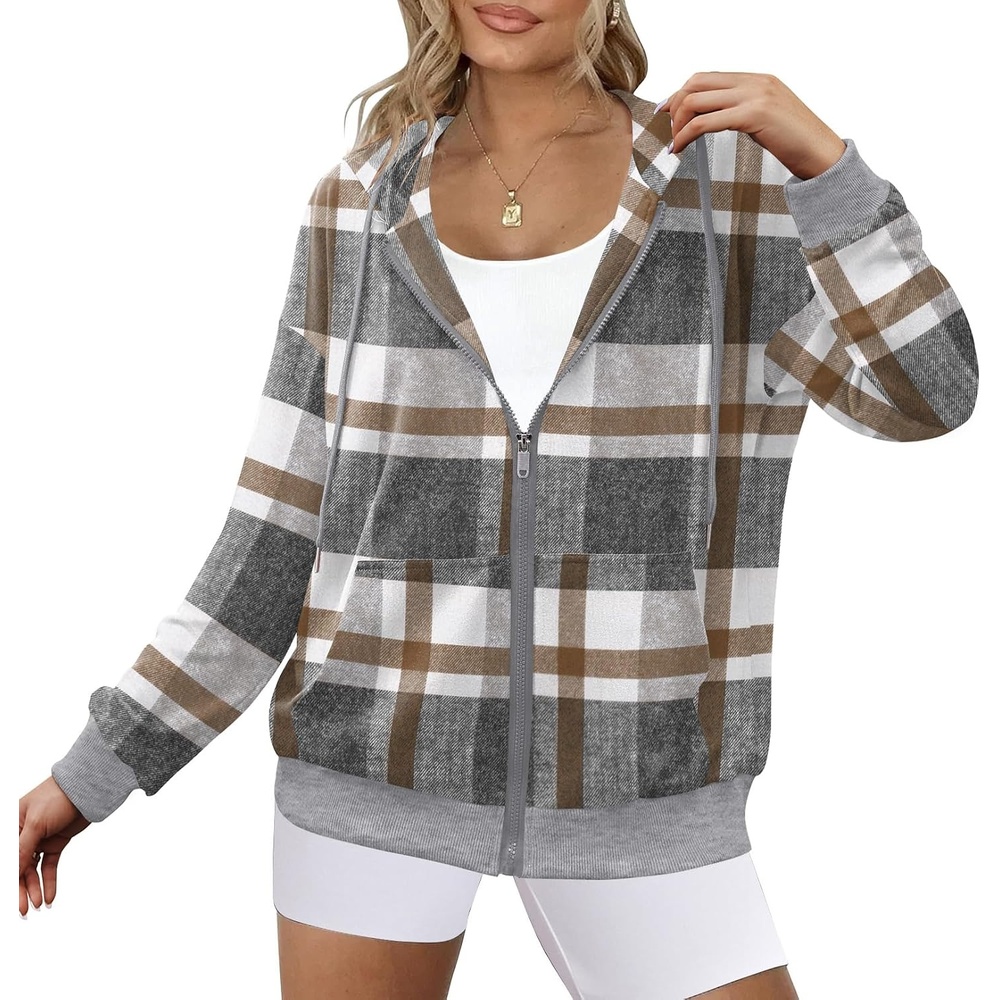 image:imageZeagoo Womens Lightweight Hoodies Full Zip Up Oversized Sweatshirt TrendyGrey White Plaid