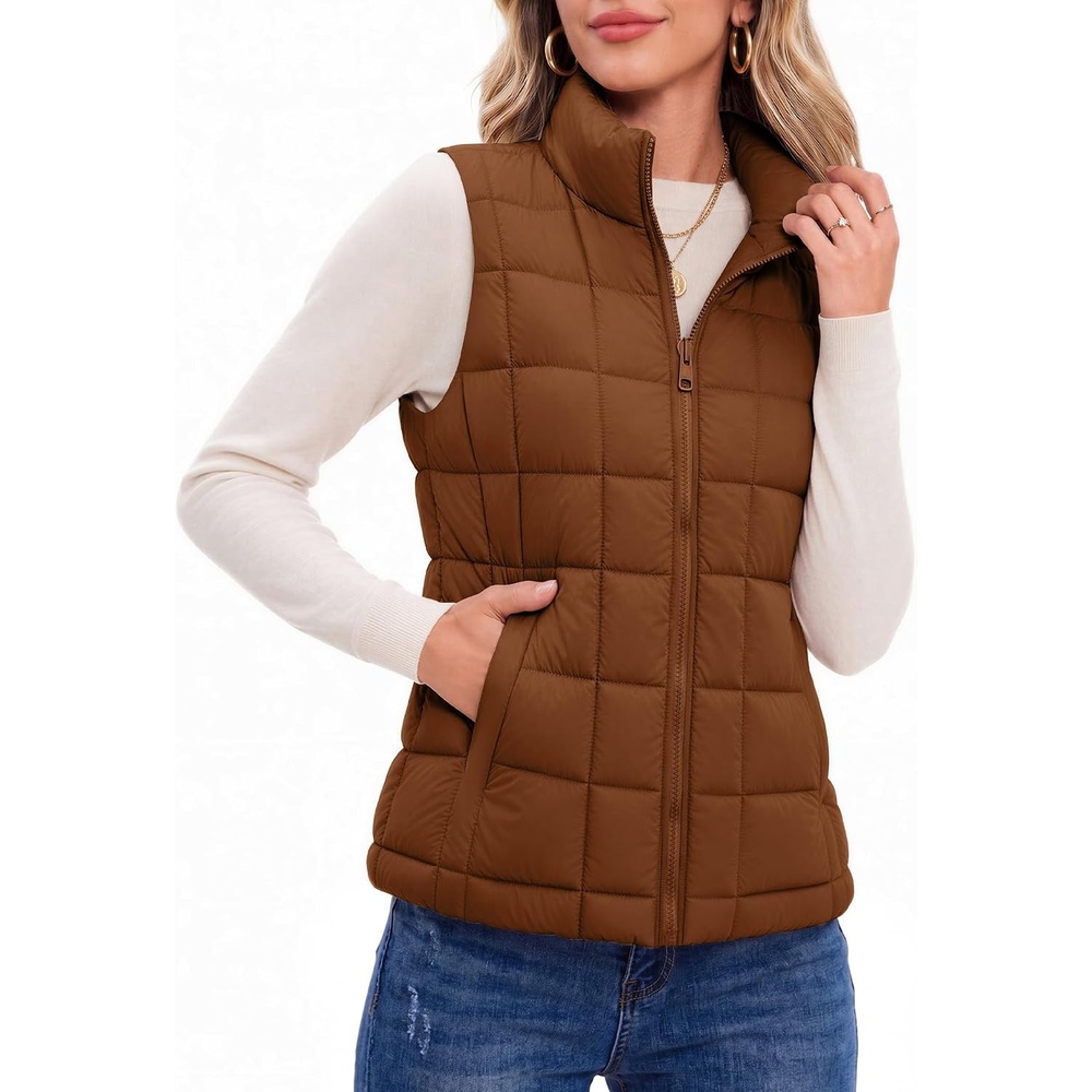 image:imageZeagoo Womens Lightweight Quilted Puffer Vest Stand Collar Zip Up OuterwearCaramel