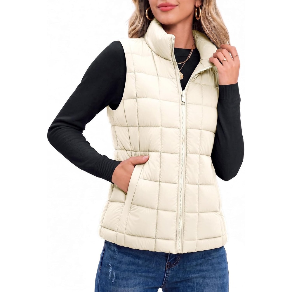 image:imageZeagoo Womens Lightweight Quilted Puffer Vest Stand Collar Zip Up OuterwearCream