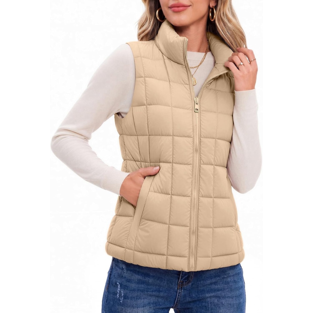 image:imageZeagoo Womens Lightweight Quilted Puffer Vest Stand Collar Zip Up OuterwearKhaki