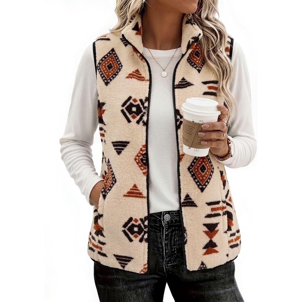 image:imageZeagoo Womens Outerwear Vests With Pockets Zipper Sleeveless Fleece JacketsAztec Print Apricot