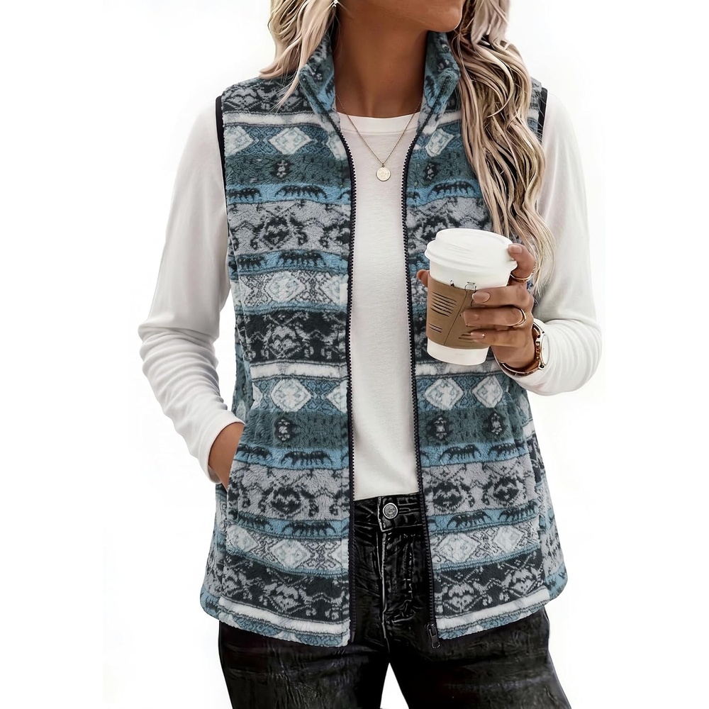 image:imageZeagoo Womens Outerwear Vests With Pockets Zipper Sleeveless Fleece JacketsAztec Print Blue