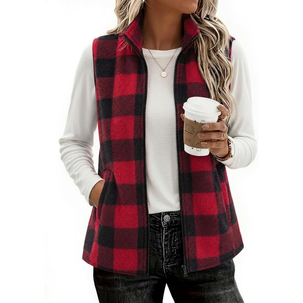 image:imageZeagoo Womens Outerwear Vests With Pockets Zipper Sleeveless Fleece JacketsBlack and Red Plaid