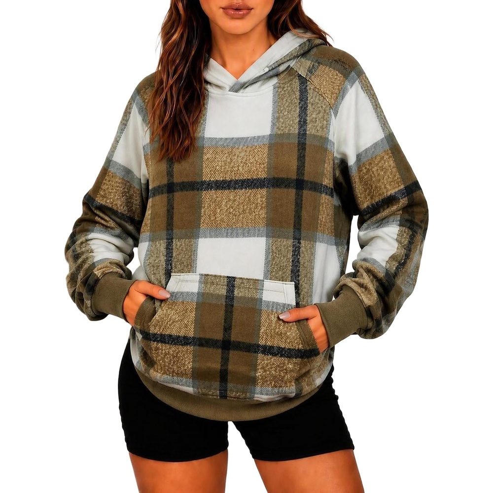 image:imageZeagoo Womens Oversized Hoodies Pullover Fleece Hooded Sweatshirt TrendyKhaki Grey Plaid