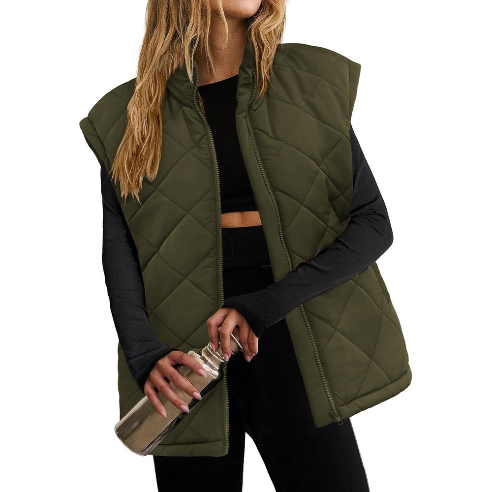 image:imageZeagoo Womens Oversized Puffer Vest Zip Up Stand Collar Lightweight Sleeveless Warm Outerwear Padded Jacket Winter Coat SXXLArmy Green