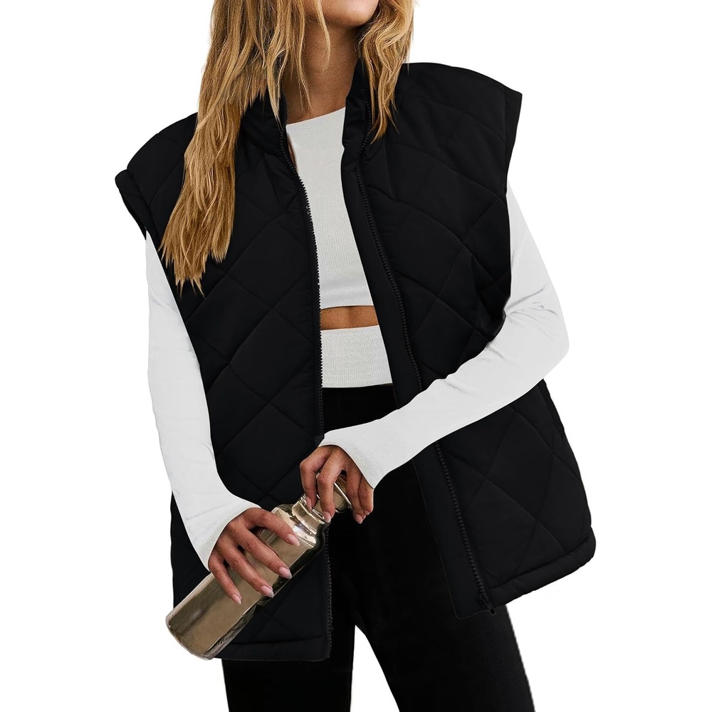 image:imageZeagoo Womens Oversized Puffer Vest Zip Up Stand Collar Lightweight Sleeveless Warm Outerwear Padded Jacket Winter Coat SXXLBlack