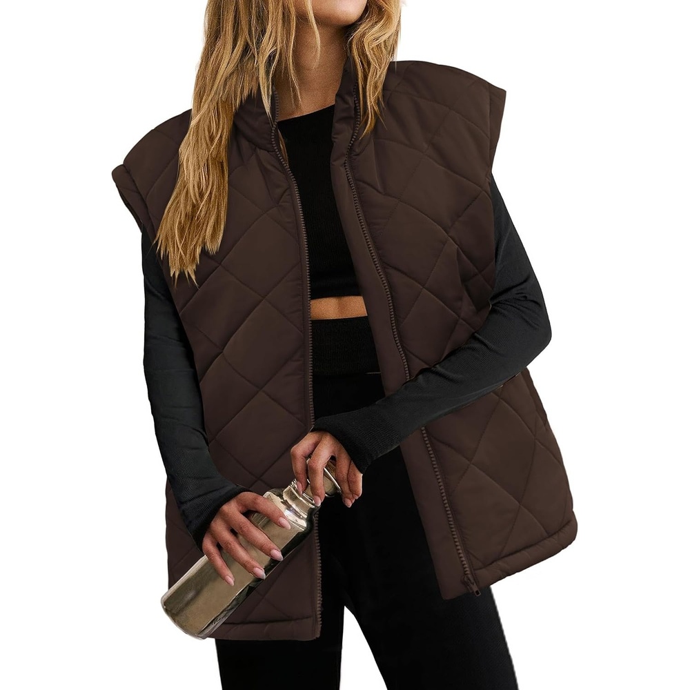 image:imageZeagoo Womens Oversized Puffer Vest Zip Up Stand Collar Lightweight Sleeveless Warm Outerwear Padded Jacket Winter Coat SXXLBrown