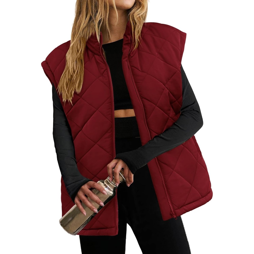 image:imageZeagoo Womens Oversized Puffer Vest Zip Up Stand Collar Lightweight Sleeveless Warm Outerwear Padded Jacket Winter Coat SXXLDark Red