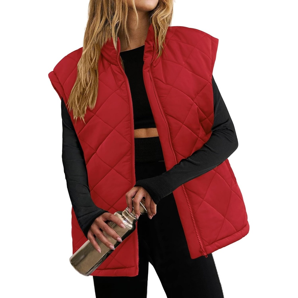 image:imageZeagoo Womens Oversized Puffer Vest Zip Up Stand Collar Lightweight Sleeveless Warm Outerwear Padded Jacket Winter Coat SXXLRed