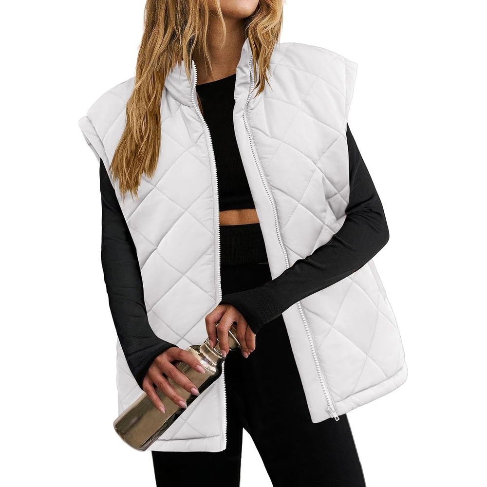 image:imageZeagoo Womens Oversized Puffer Vest Zip Up Stand Collar Lightweight Sleeveless Warm Outerwear Padded Jacket Winter Coat SXXLWhite
