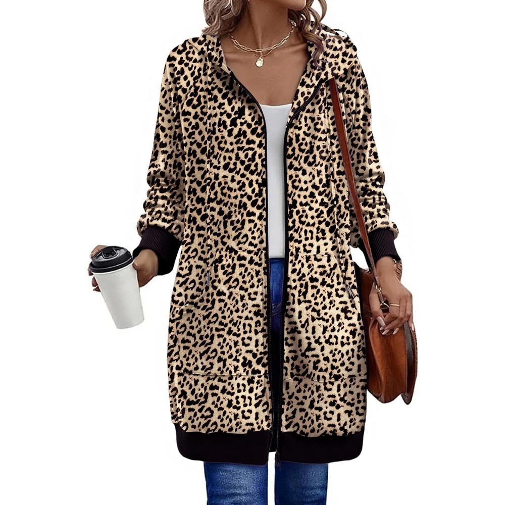 image:imageZeagoo Womens Zip Up Hoodies Long Sleeve Long Tunic Sweatshirts OversizedLeopard Print