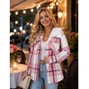 Zeagoo Womens Flannel Plaid Jacket Fleece Lined Shacket Hooded Warm Coat(Pink Plaid)