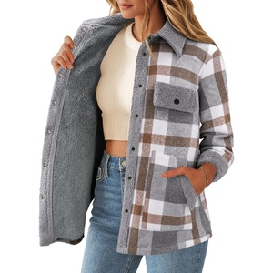 ZEAGOO Womens Flannel Jacket Fleece Lined Shacket Fall Outfits Plaid Sherpa(Grey)