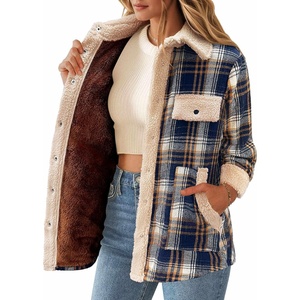 ZEAGOO Womens Flannel Jacket Fleece Lined Shacket Fall Outfits Plaid Sherpa(Navy Blue)