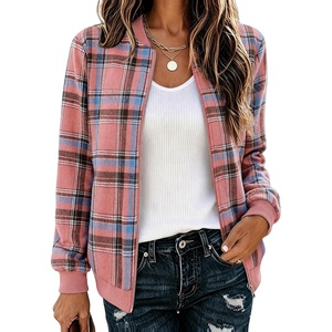 Zeagoo Jackets for Women 2026 Lightweight Bomber Jacket Plaid Flannel Coat(Pink Blue Plaid- Gw571)