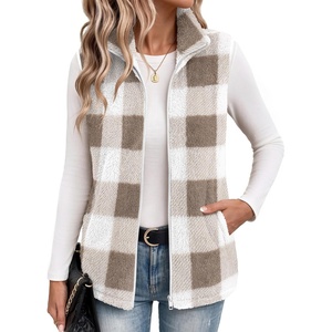 Zeagoo Vest For Women Sleeveless Sherpa Fleece Jackets Zip Up Fall Coats(Khaki White Plaid)