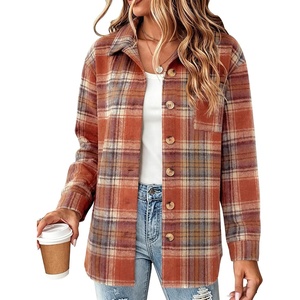 Zeagoo Women Flannel Shacket Jacket Plaid Button Down Long Sleeve Shirt(Orange Plaid-gz867)
