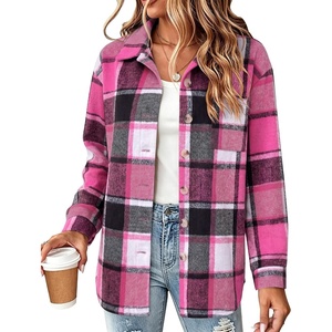 Zeagoo Women Flannel Shacket Jacket Plaid Button Down Long Sleeve Shirt(Rose Red-gw44)